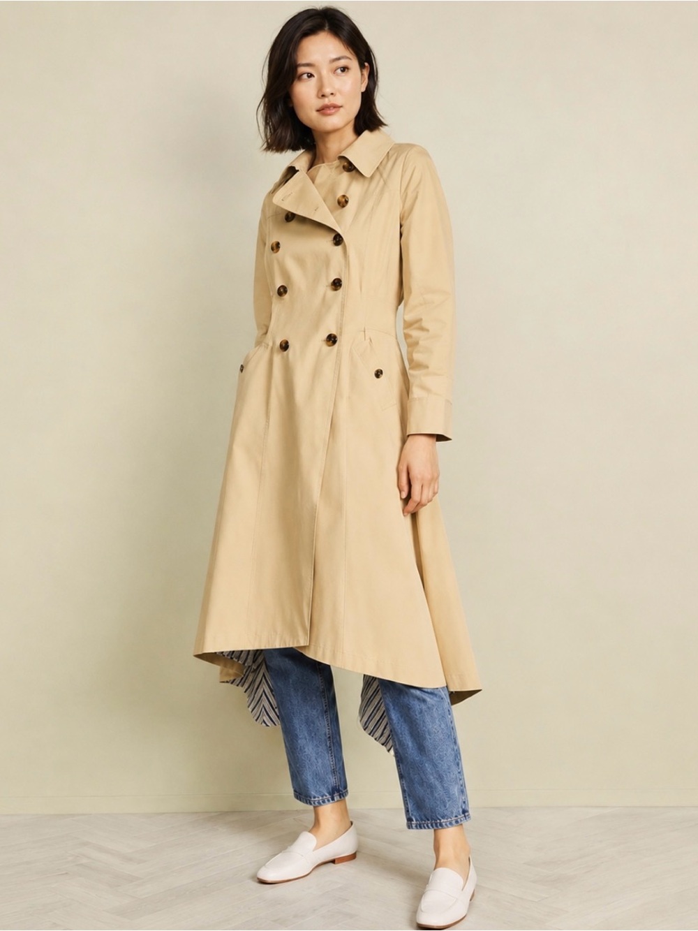 STAUD women’s Khaki cotton blend gabardine Trench Coat  asymmetrical Hem Size S